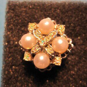 Vintage Sarah Coventry signed ring, White Pearls & Diamonds, Size 4.75